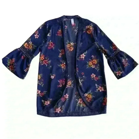 NO BOUNDARIES WOMENS NAVY FLORAL LONG SLEEVE OPEN FRONT CARDIGAN SIZE L (11-13) - Picture 11 of 11